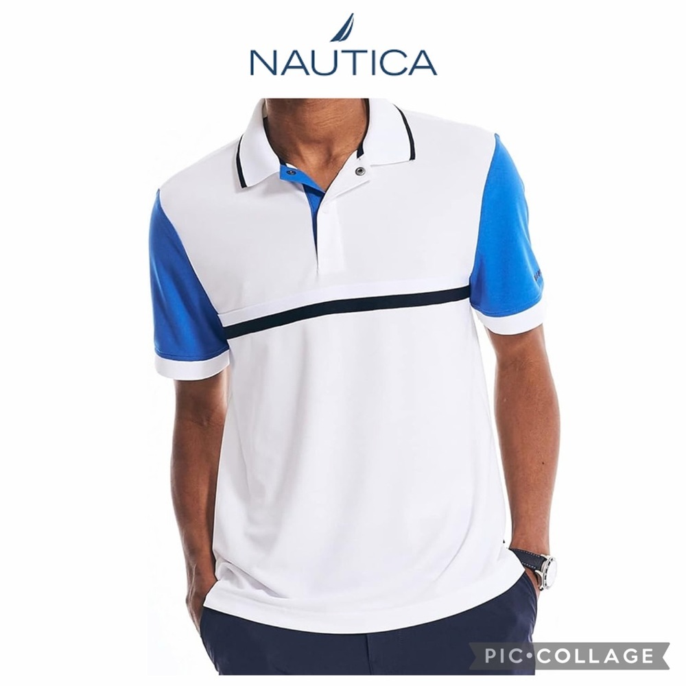 Nautica Navtech colorblock men polo shirt size L white blue